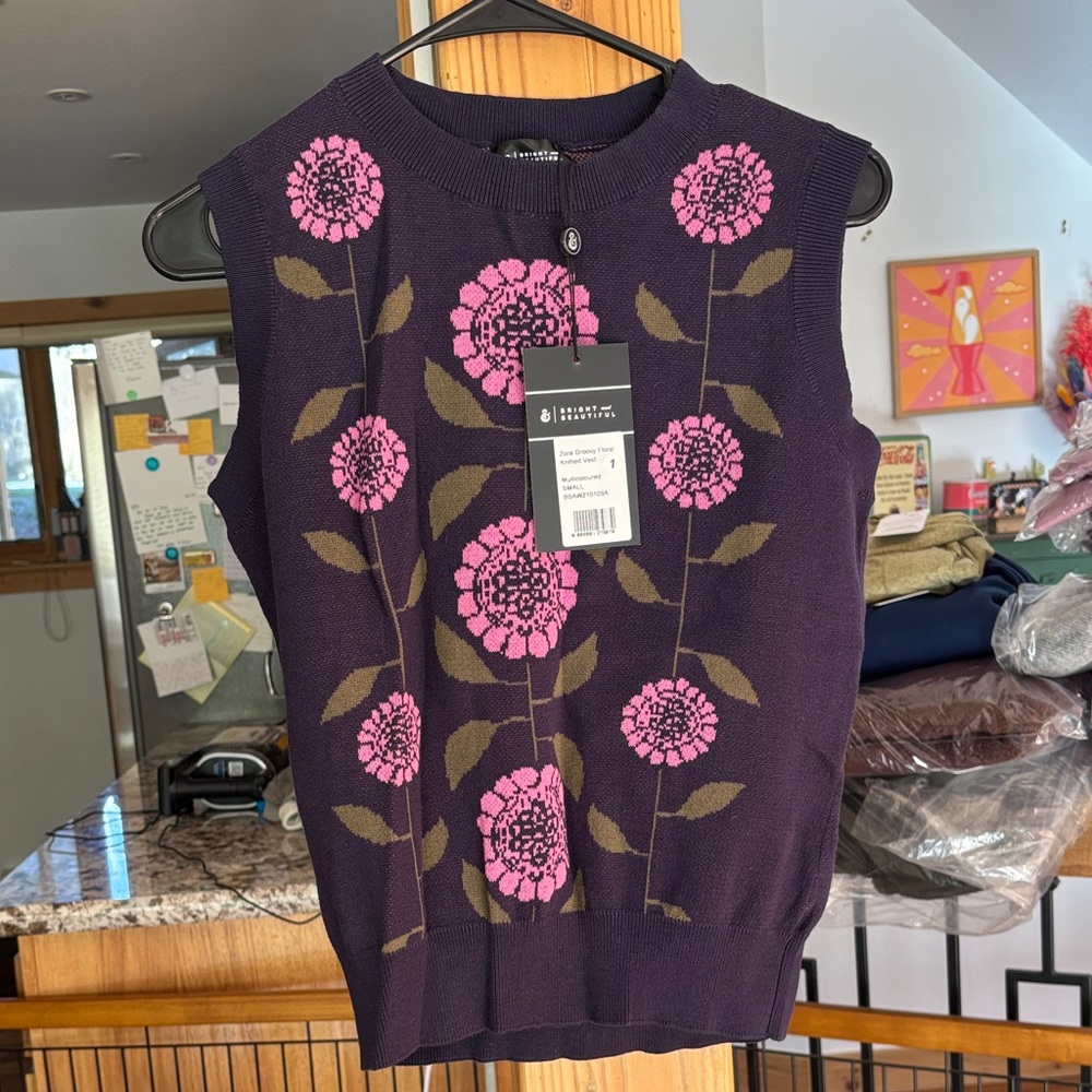 Retro Vintage 1960’s 1970’s navy blue floral sweater vest adult Small collectif